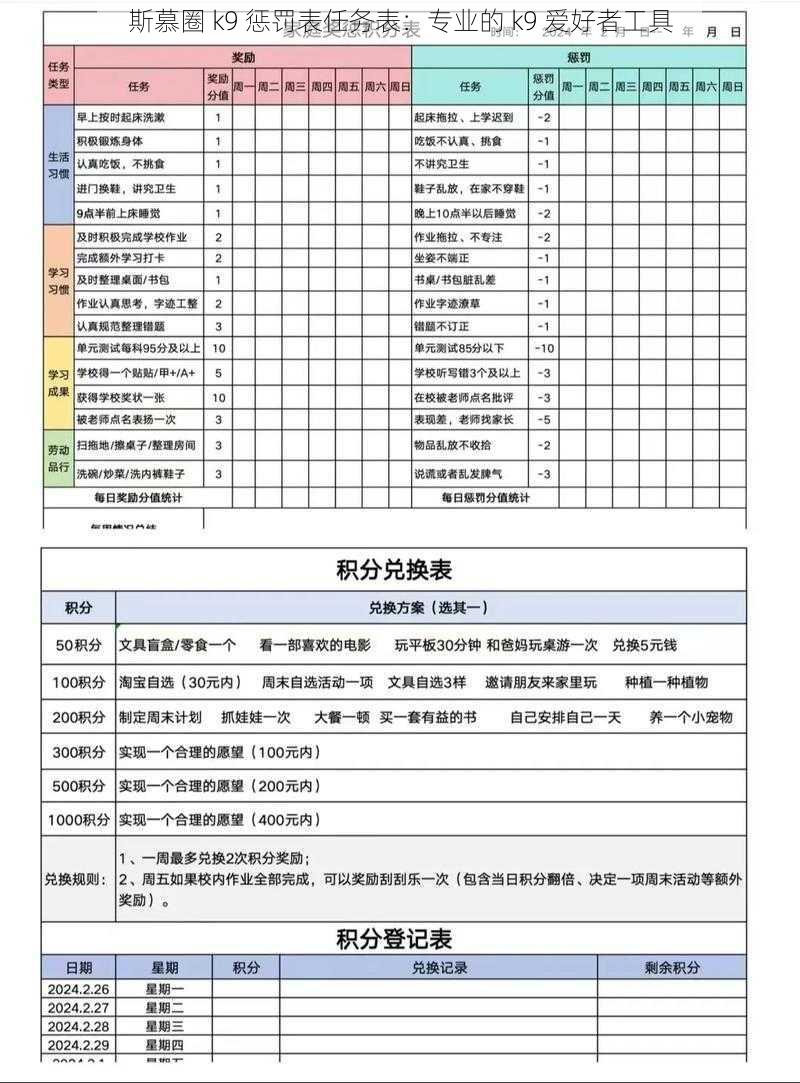 斯慕圈 k9 惩罚表任务表：专业的 k9 爱好者工具